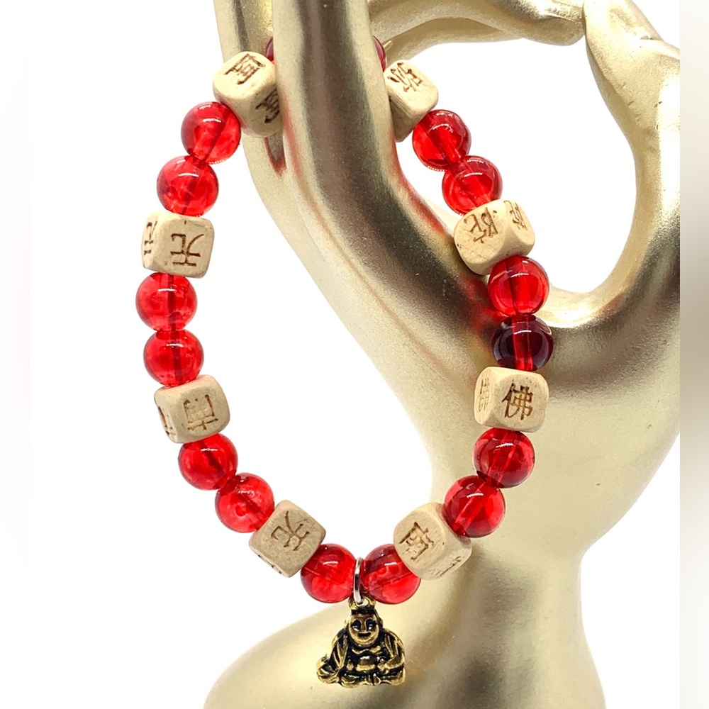 [Fire & Desire] Stretchy Elastic Beaded Bracelet With Buddha Charm& Wooden Beads